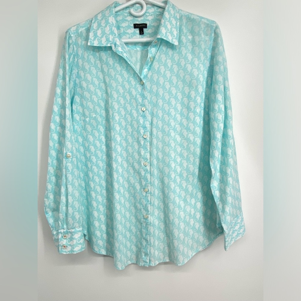 Talbots Button Down Shirt, Sea Horse‎ Pattern, Size Large
